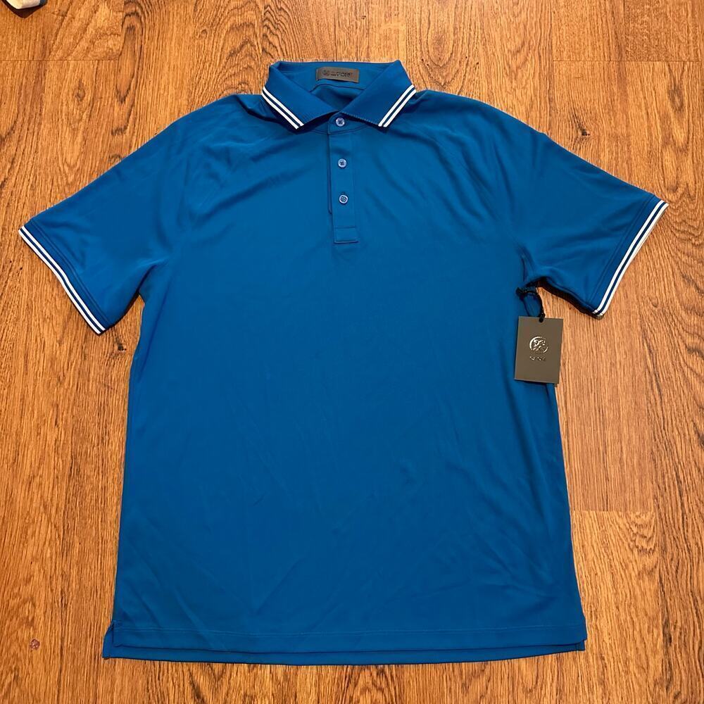 G/Fore Blue White Polo Shirt Short Sleeve V neck Size Large NWT Golf Sport